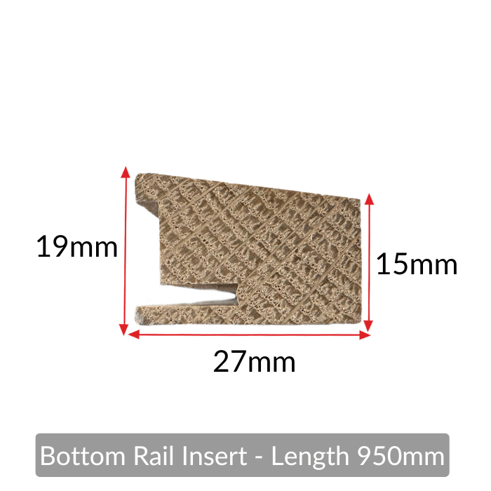 Solid oak external door frame bottom rail insert — cross-section profile with 27mm x 19mm dimensions, 950mm length
