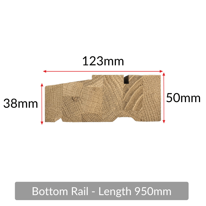 Solid oak external door frame bottom rail (cill) — cross-section profile with 123mm x 50mm dimensions, 950mm length