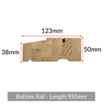 Solid oak external door frame bottom rail (cill) — cross-section profile with 123mm x 50mm dimensions, 950mm length