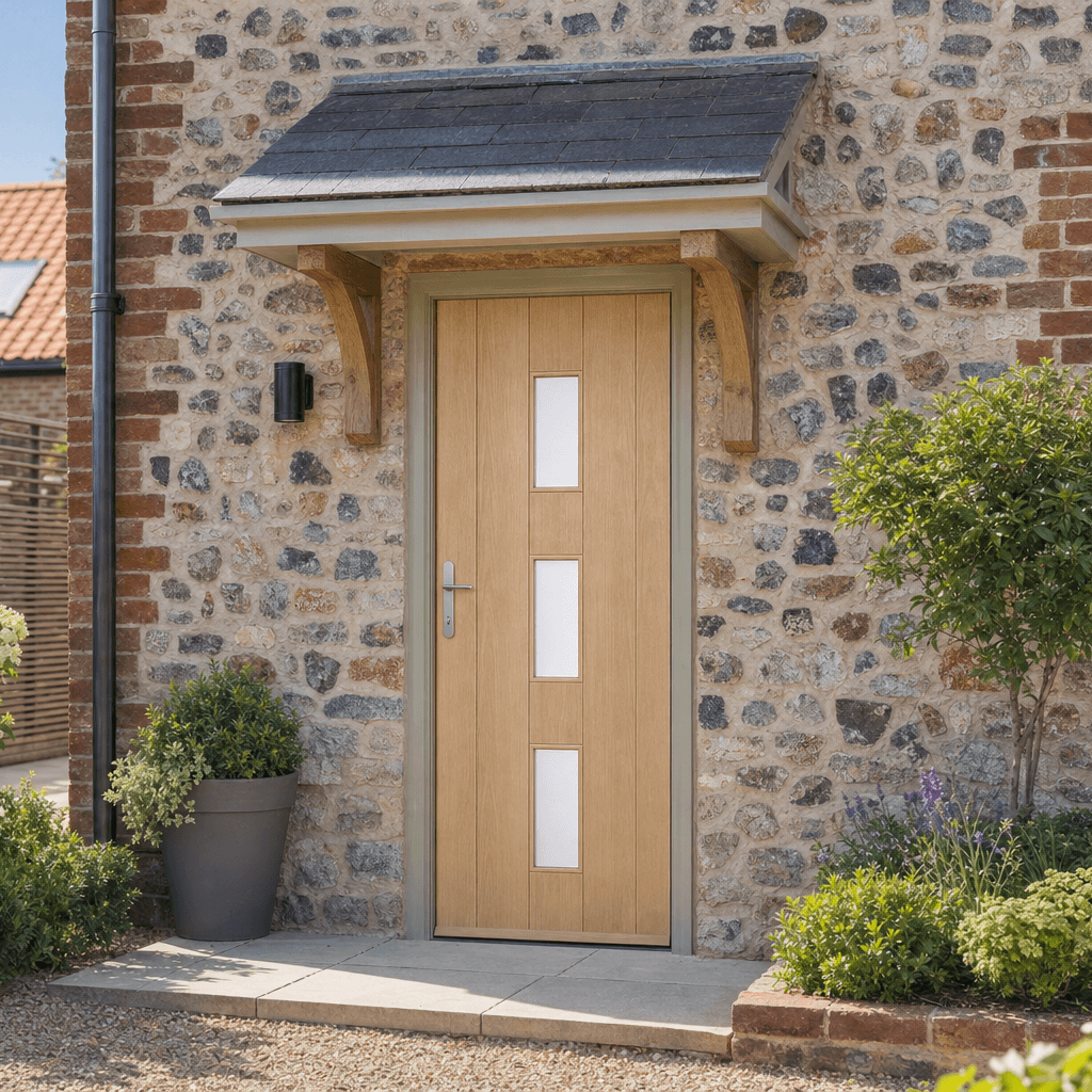 Lifestyle A light oak front door with three vertical white glass panels, set in a stone wall entryway with a slate canopy and landscaped garden.