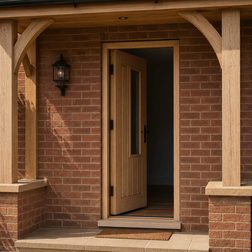 Lifestyle A light oak front door with a glass panel, shown open on a brick porch with wooden support beams and potted plants.