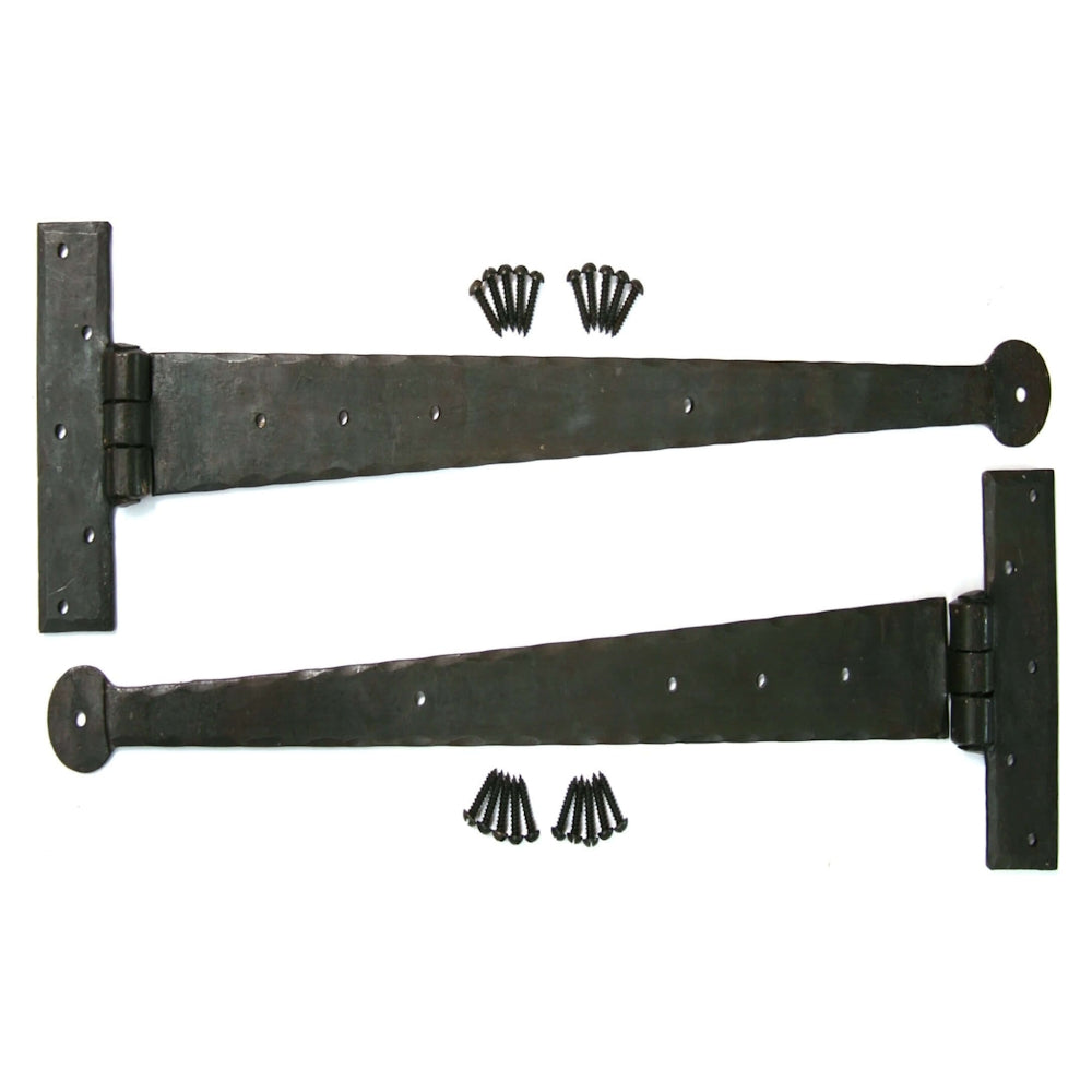 Product Two black metal barn-style hinge straps with mounting screws, displayed on a plain white background.
