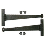 Product Two black metal barn-style hinge straps with mounting screws, displayed on a plain white background.