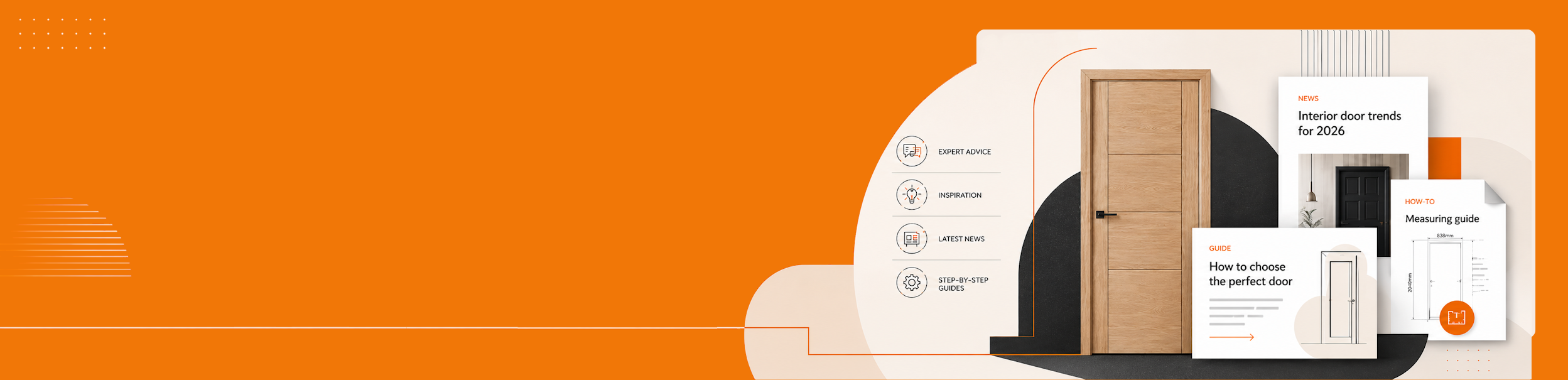 Graphic A digital banner featuring a light brown wooden door on a black platform next to several white informational brochures and a small white appliance, set against a modern orange and white graphic background.