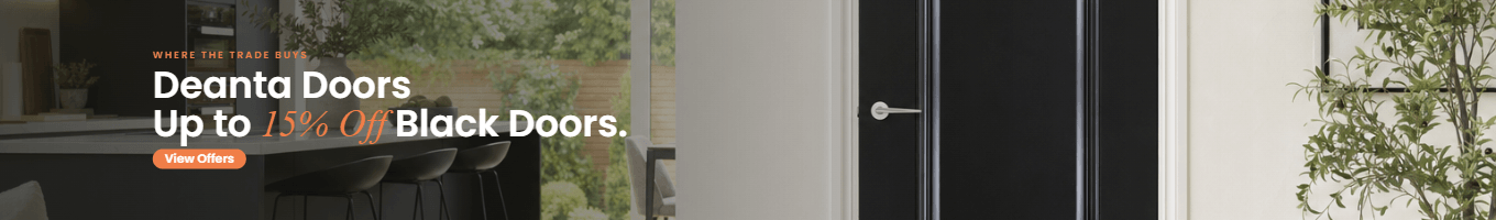 Graphic Black door with promotional text for deanta doors overlay on a blurred background