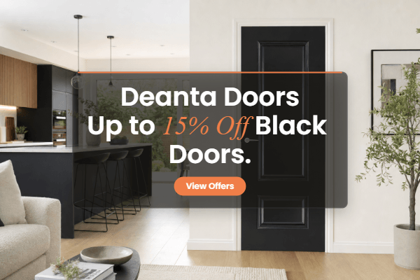 Graphic Living room with black door and promotional text overlay for Deanta Doors.