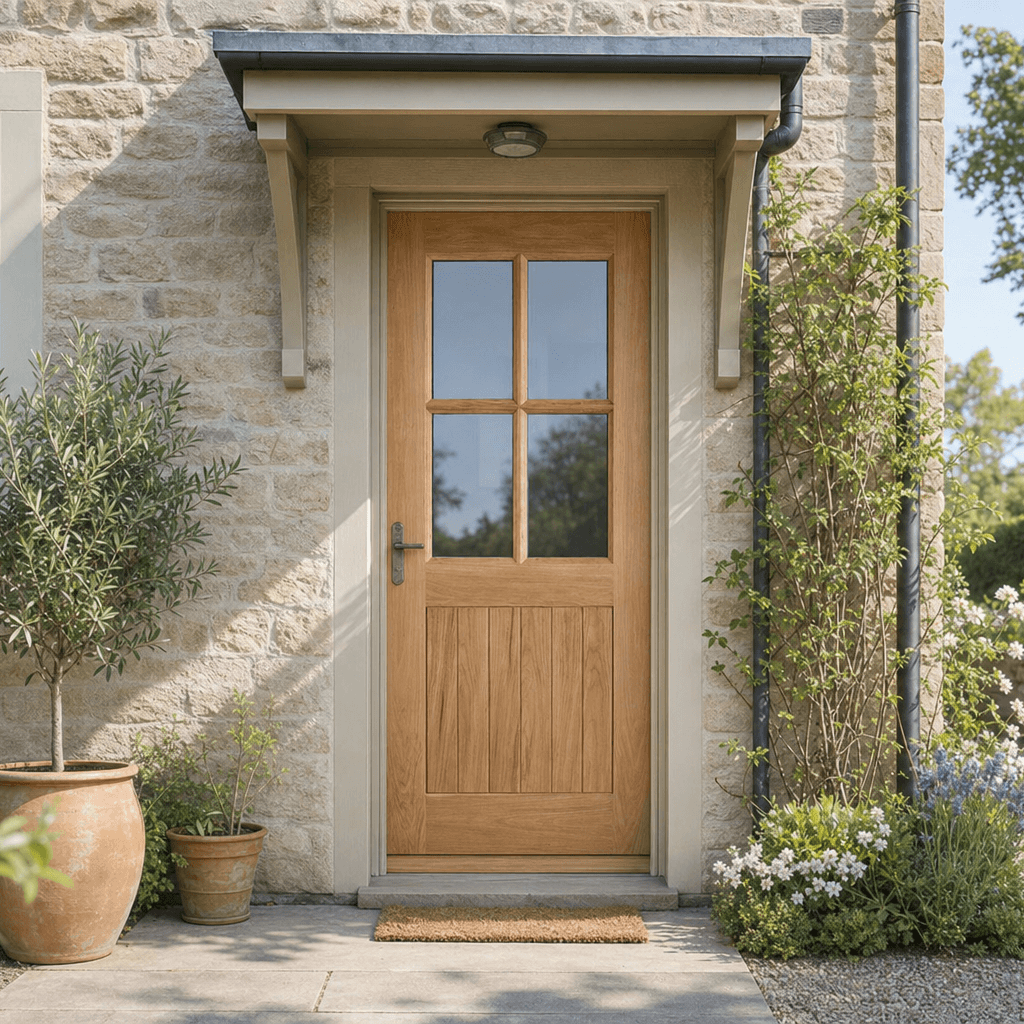 Lifestyle A light oak double front door with six glass panes in the top half, set in a stone house entryway with potted plants and a gravel path.
