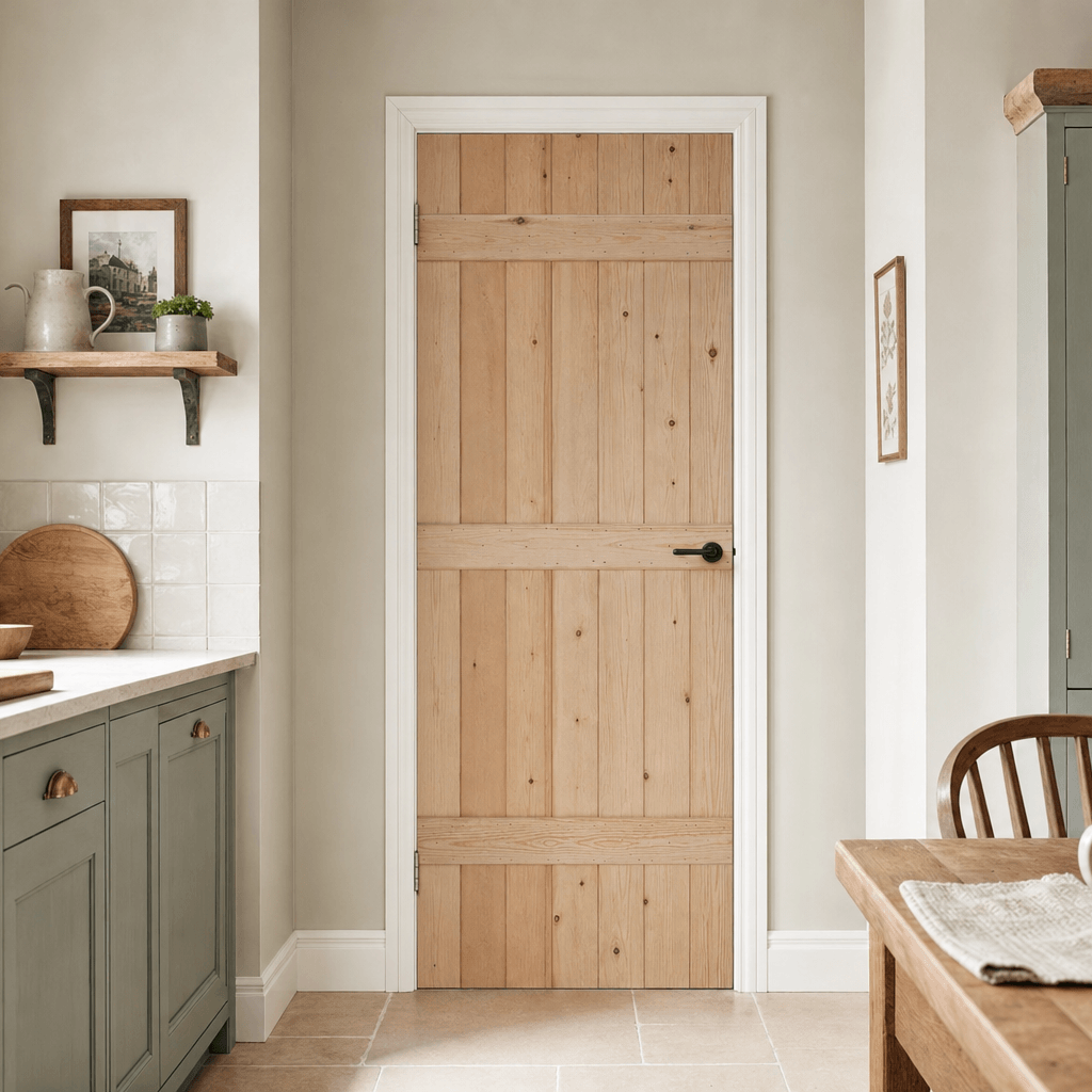Lifestyle A light natural wood paneled interior door with a black metal handle, set within a white frame in a modern kitchen with sage green cabinets and a wooden dining table.