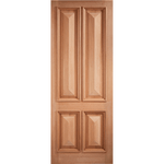 Product A tall, light brown wooden interior door with a classic six-panel raised design, shown against a solid black background.