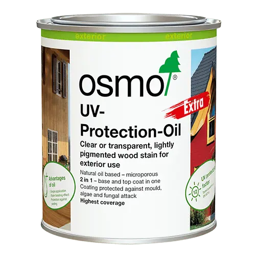 Product A can of Osmo UV-Protection-Oil Extra exterior wood stain, featuring a white label with green and red accents, a silver metal lid, and product imagery on a plain white background.