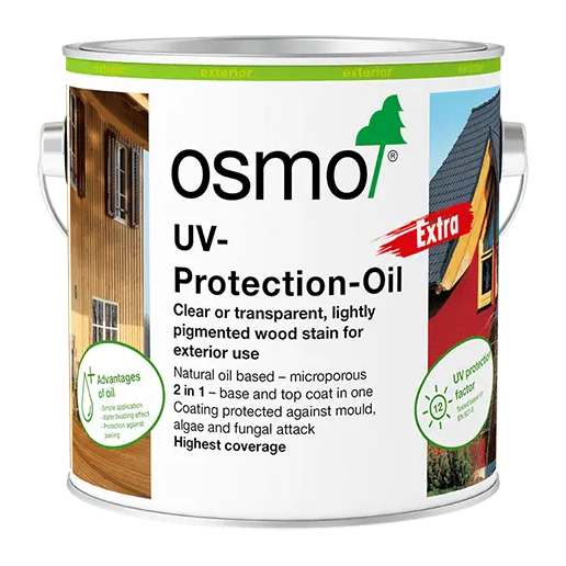 Product A can of Osmo UV-Protection-Oil Extra, featuring a white label with green and red accents, showing house exterior photos on the sides.