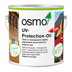Product A can of Osmo UV-Protection-Oil Extra, featuring a white label with green and red accents, showing house exterior photos on the sides.
