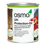 Product A can of Osmo UV-Protection-Oil Extra exterior wood stain, featuring a white label with green and red accents, a silver metal lid, and product imagery on a plain white background.