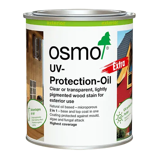 Product A can of Osmo UV-Protection-Oil Extra exterior wood stain, featuring a white label with green and red accents, a silver metal lid, and product imagery on a plain white background.