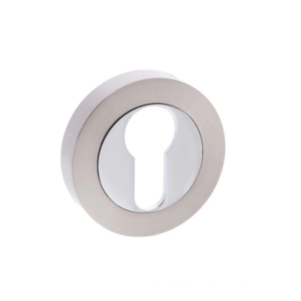 Product satin nickel and polished chrome euro escutcheon pair on round rose
