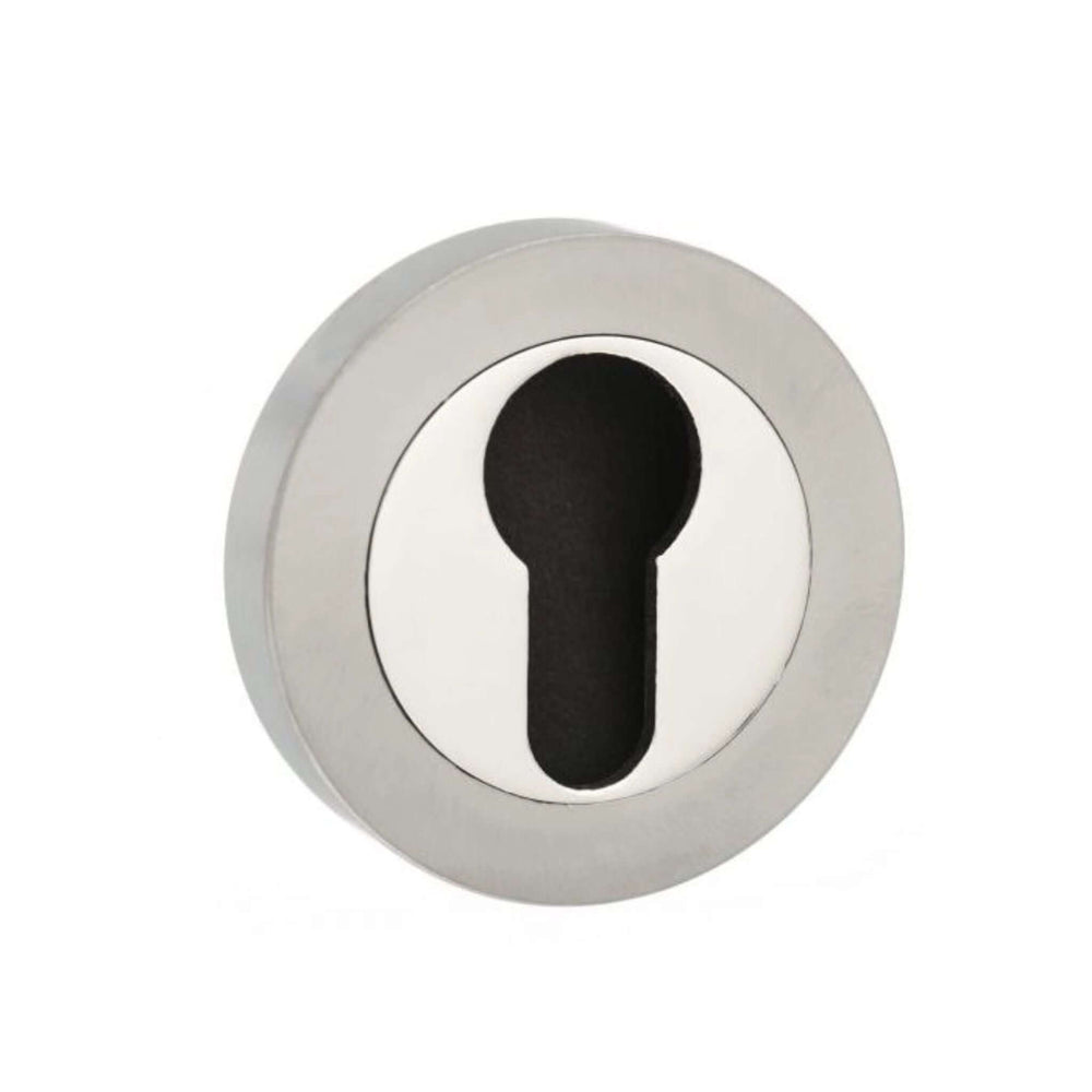 Product satin nickel and polished nickel euro escutcheon pair on round rose