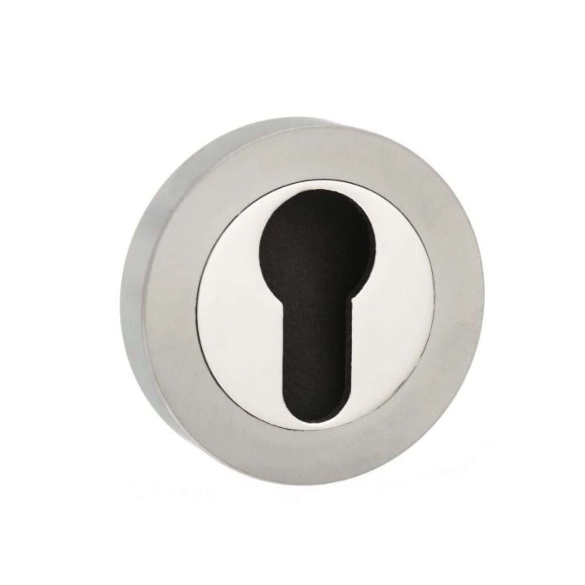 Product satin nickel and polished nickel euro escutcheon pair on round rose