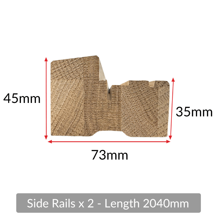 Solid oak external door frame side rail (jamb) — cross-section profile with 73mm x 45mm dimensions, 2040mm length, supplied as a pair