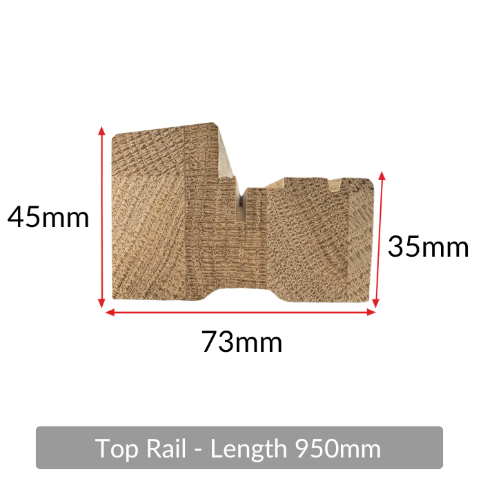Solid oak external door frame top rail (head) — cross-section profile with 73mm x 45mm dimensions, 950mm length