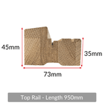 Solid oak external door frame top rail (head) — cross-section profile with 73mm x 45mm dimensions, 950mm length